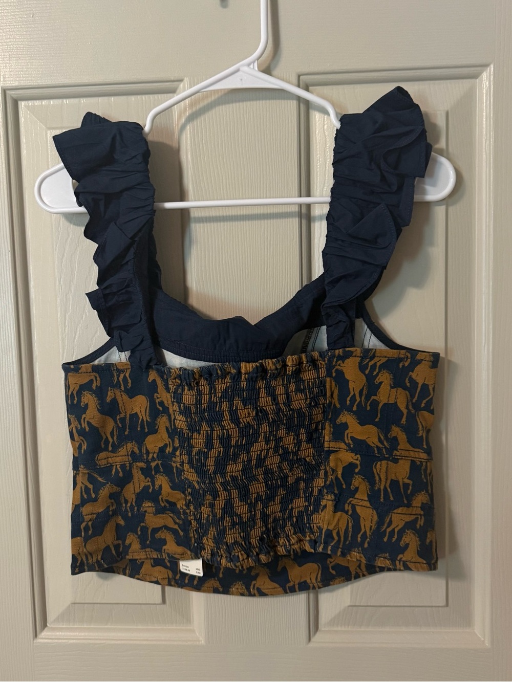 Maeve Navy & Brown Horse-Print Ruffle Tie-Front Crop Top - Picture 3 of 4